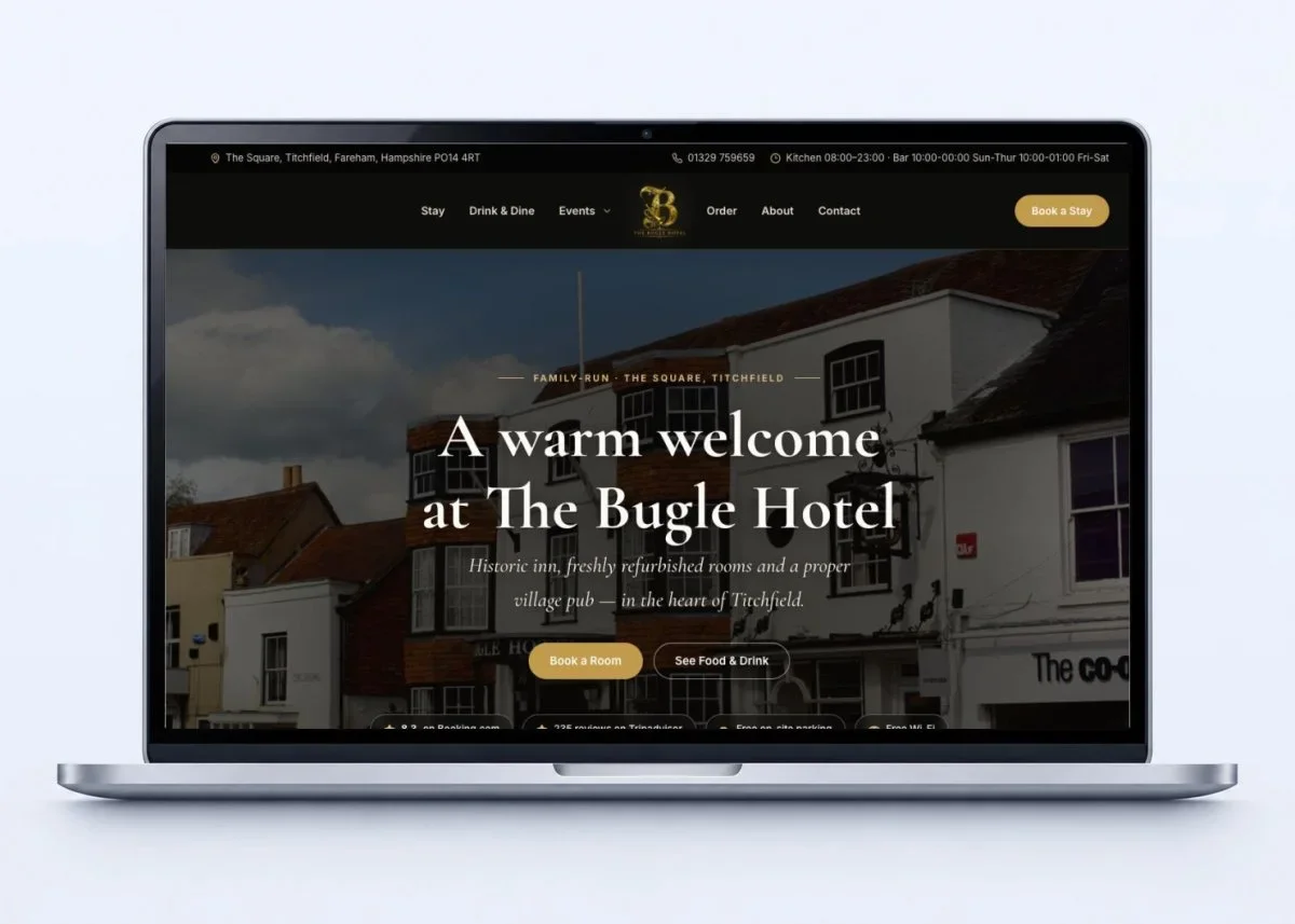 The Bugle Hotel website redesign displayed in a laptop mockup.